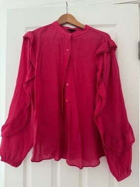 Ann Taylor Hot Pink Ruffle Button-Front Blouse